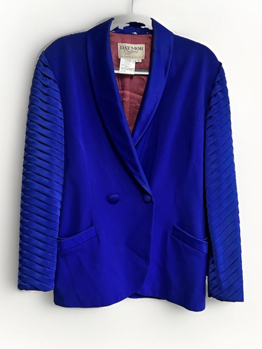 Vintage Daymor Couture Blazer Sz 8 Blue Pleated Ruched Statement Sleeves 80’s